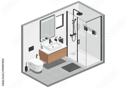 Modern Bathroom Isometric View with Shower, Toilet, and Vanity - Clean Design Illustration