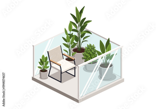 Cozy balcony with potted plants and outdoor chair, creating a tranquil green oasis