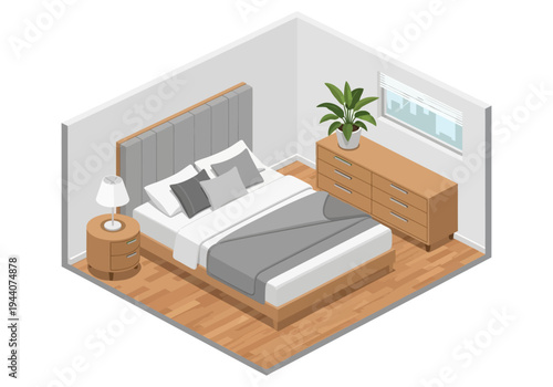 Cozy Bedroom Interior Design with Wooden Furniture, Bed, and Plant