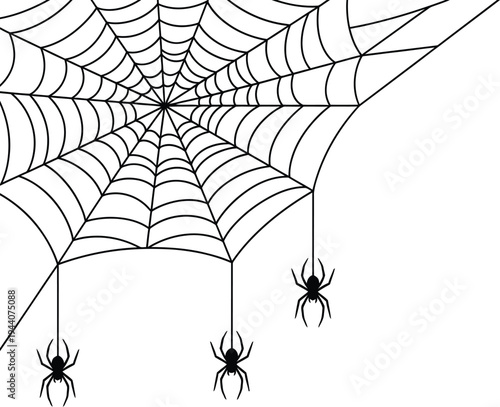 A black and white illustration of a spider web with three spiders