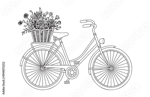 Vintage bicycle illustration with rear basket full of wildflowers hand drawn black and white retro cycle art