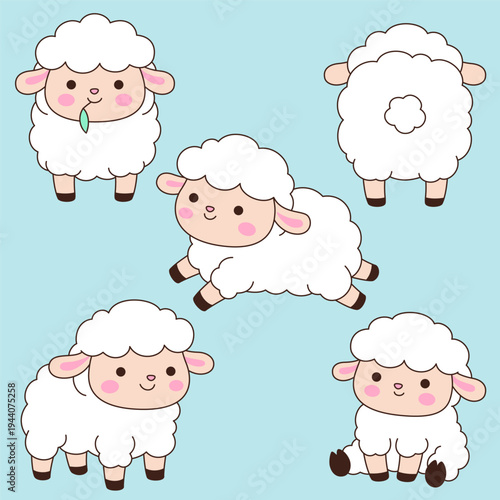 Set of five cute kawaii white lamb characters in different poses on teal blue background