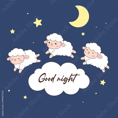 Cute kawaii sheep jumping on cloud with Good Night text stars and crescent moon on dark blue background