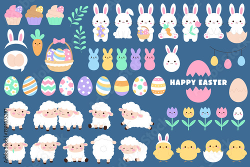 Cute kawaii Easter bundle set with bunny lamb chick decorated egg tulip cupcake basket and Happy Easter text