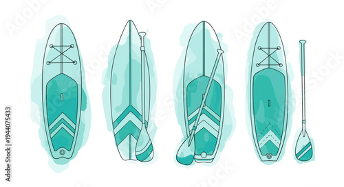 Collection of stand-up paddleboards and paddles in various perspectives and styles