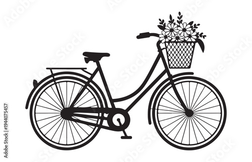 Solid black bicycle silhouette with flower basket on front handlebars classic female bike design template