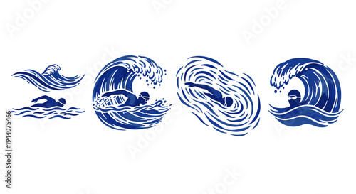 Stylized blue swimmers and waves in a dynamic, artistic composition