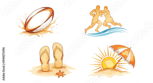 Collection of summer beach and sports icons with a watercolor style