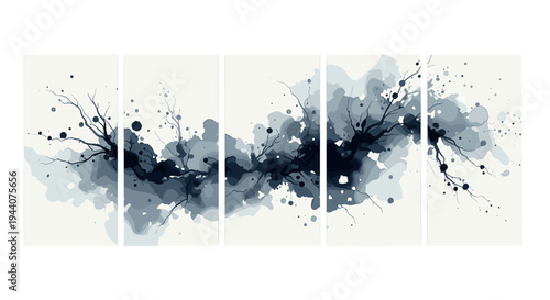 Abstract ink splash and branches on white background, modern art, monochrome