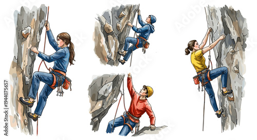 Diverse group of climbers ascending rocky cliffs with ropes and harnesses in a collage