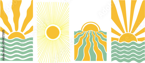 Colorful sunburst designs with wavy lines in orange and green hues