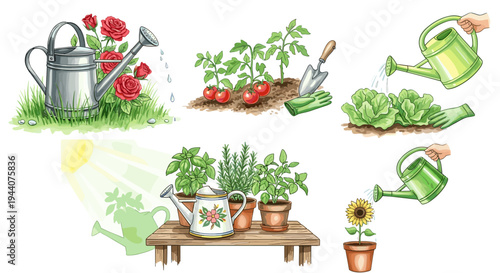 Gardening activities with watering cans, plants, and tools in a vibrant illustration
