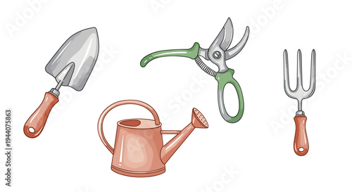 Collection of cartoon gardening tools including a trowel, pruning shears, watering can, and fork