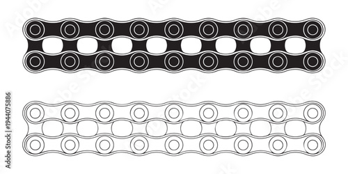 Horizontal bicycle chain segment illustration with double rows of rollers for mechanical background patterns