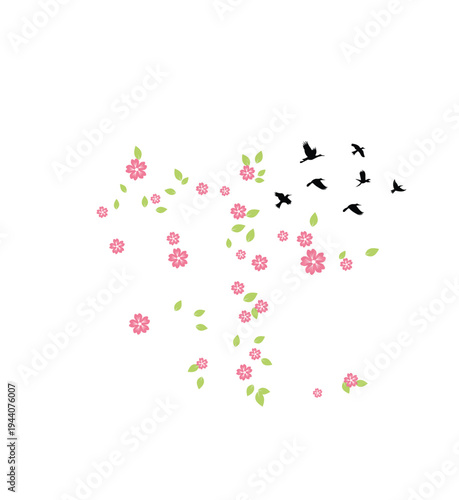 A flock of birds flying through pink flowers and green leaves