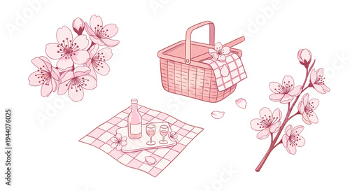 Charming pink cherry blossoms and picnic set with wine glasses and bottle