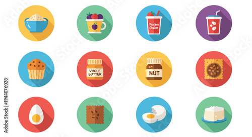Set of 12 Flat Design Breakfast Food Icons Vector