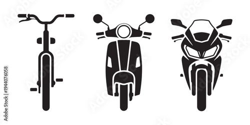Motorcycle, scooter, and bicycle front view silhouette set isolated on white background
