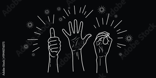 Three hands with fingers in different positions on a black background with white lines