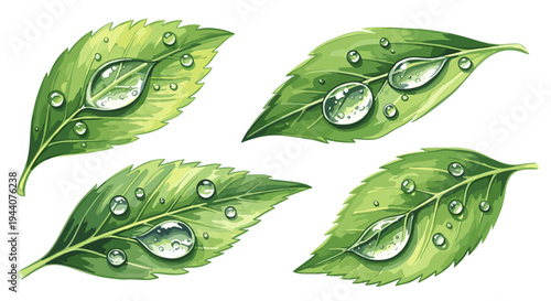 Four detailed green leaves with fresh water droplets after rain, isolated on white