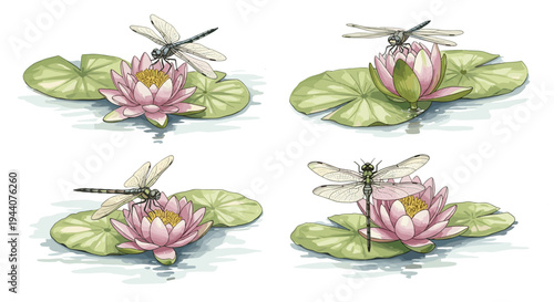 Four illustrations of dragonflies resting on pink water lilies with green lily pads