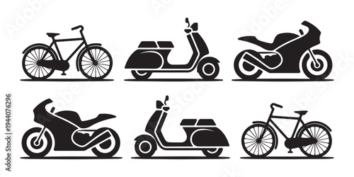 Bicycle, scooter, and motorcycle side view silhouette set isolated on white background