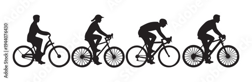 Silhouettes of cyclists with different bike types and riding styles