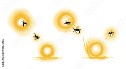 Stylized illustration of bees flying around glowing yellow circles on a white background