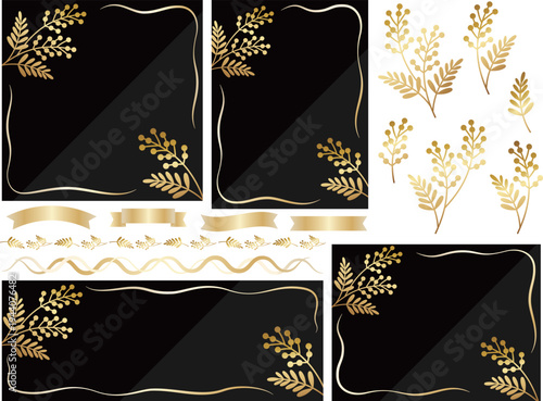 高級感のあるミモザの背景と装飾セット　ブラック＆ゴールド