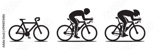 Road bike evolution silhouette set showing bicycle alone followed by cyclist in standard and aero positions