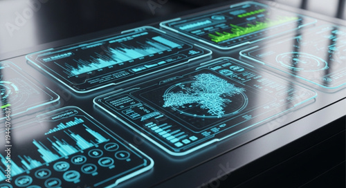 Futuristic holographic interface displaying data and charts.