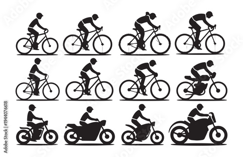 Diverse cycling and motorcycling poses showing athletes and commuters on different bike frames and engines