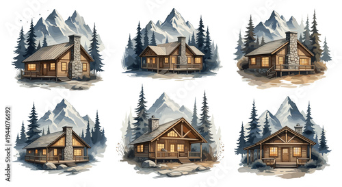 Cozy wooden cabins nestled among pine trees with majestic mountains in the background