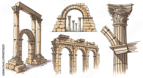 Collection of ancient Roman architectural ruins and elements, hand-drawn style