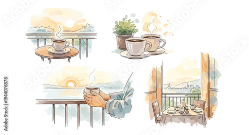 Watercolor illustrations of coffee cups on balconies with scenic sunrise and city views