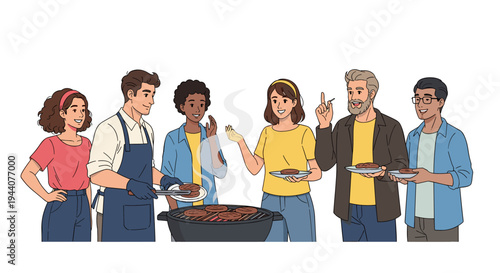Diverse group of friends enjoying a summer barbecue with grilled burgers and good conversation