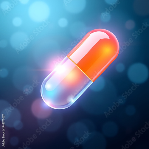 A stylised capsule with a bright gradient and realistic highlights symbolises medical innovation, suitable for a scientific atmospheric background in presentations about pharmaceuticals.