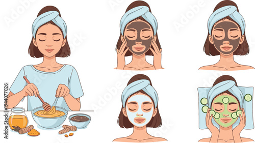 Vector illustration set of a woman making DIY natural face masks with honey and turmeric and applying organic cucumber skincare treatments.