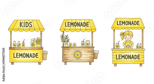Cute cartoon lemonade stands with jars, bottles, and a girl selling drinks