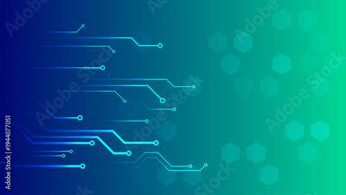Abstract blue-green technology background with digital circuit lines and hexagonal elements, symbolizing data flow, connectivity, innovation, and modern high-tech communication systems.