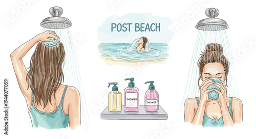 Post beach shower routine with body wash and loofah for cleansing after swimming