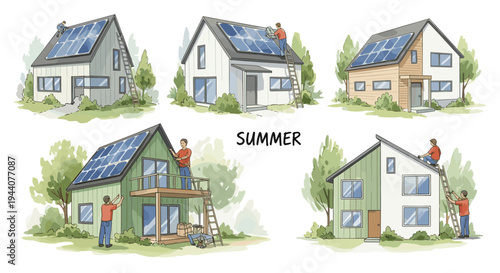 Homeowners installing solar panels on rooftops, illustrating sustainable energy solutions