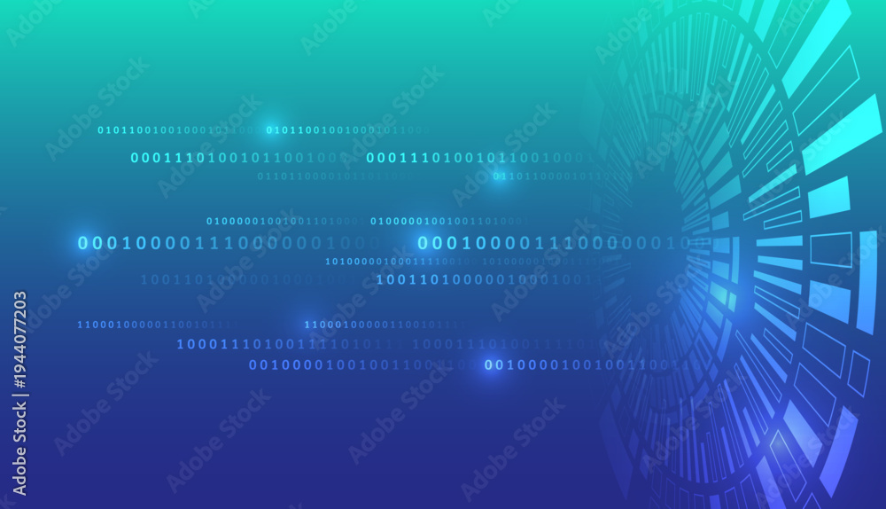 Naklejka premium Futuristic digital background with binary code and circular tech interface, symbolizing data processing, cybersecurity, artificial intelligence, and advanced information technology systems.