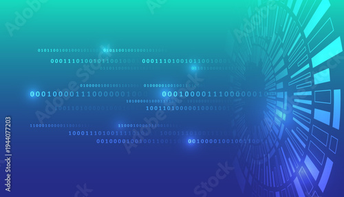 Futuristic digital background with binary code and circular tech interface, symbolizing data processing, cybersecurity, artificial intelligence, and advanced information technology systems.