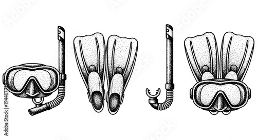 Vintage style illustration of snorkeling gear including masks and fins, perfect for diving enthusiasts
