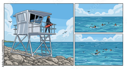 Lifeguard watches swimmers from tower on rocky beach with blue sky and clouds