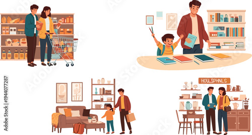 Flat vector illustration set of family daily activities including grocery shopping at the supermarket, father and son studying, and home life.