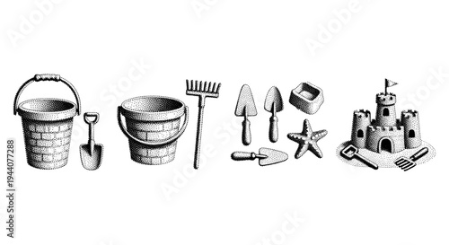 Collection of vintage-style sandcastle building tools and toys on a white background