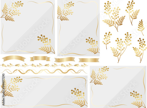 高級感のあるミモザの背景と装飾セット　ホワイト＆ゴールド