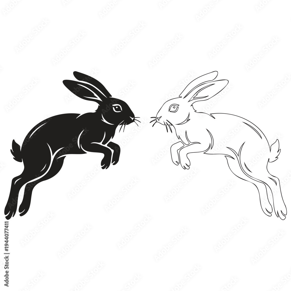 Naklejka premium Jumping Rabbit Vector Set with Solid and Outline Versions.